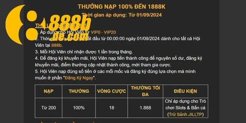 Nạp tiền lần đầu Khuyến mãi 100% giá trị từ 888B